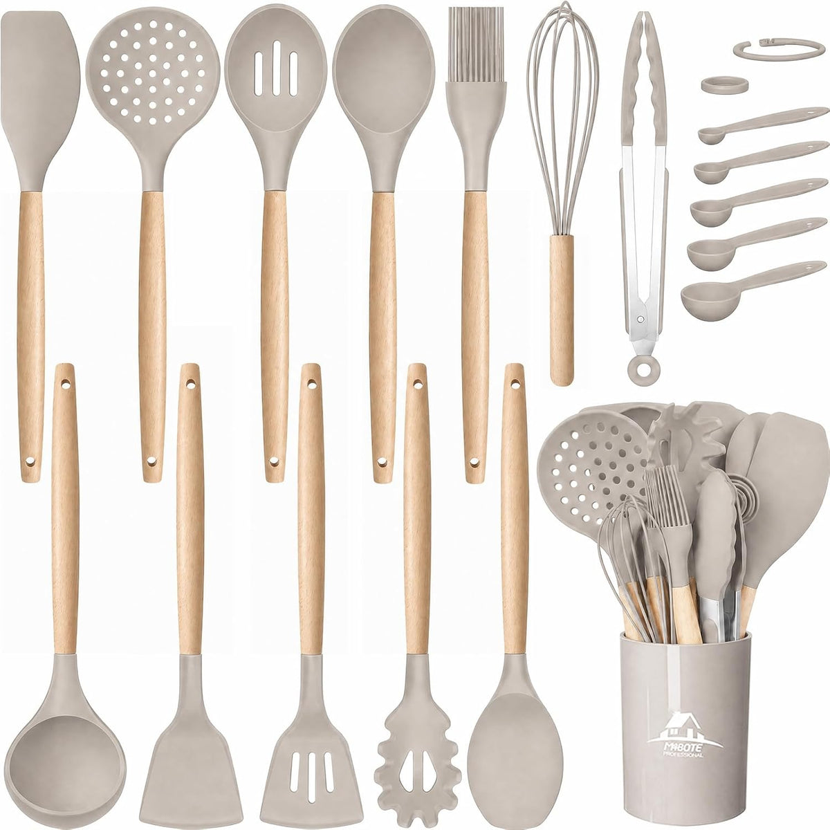 Silicone Cooking Kitchen Utensils Set, Wooden Handle, Coffee