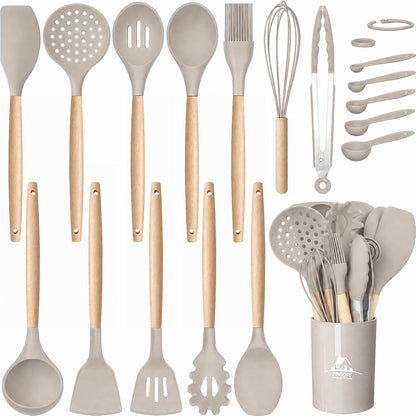 Silicone Cooking Kitchen Utensils Set, Wooden Handle, Coffee