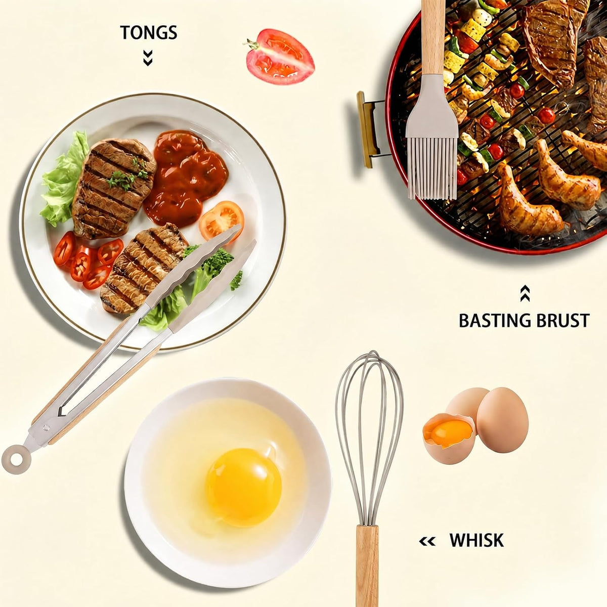 Silicone Cooking Kitchen Utensils Set, Wooden Handle, Coffee
