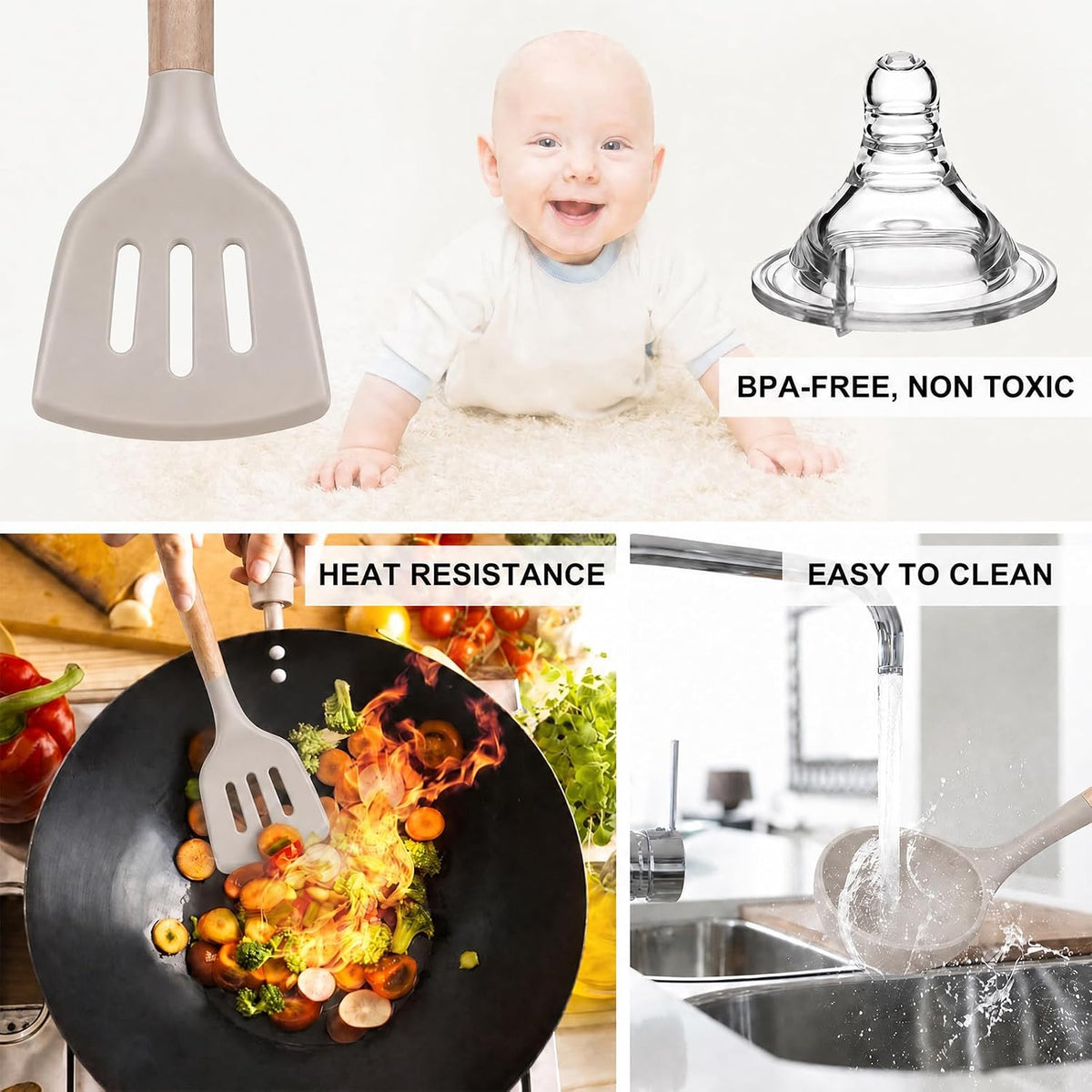 Silicone Cooking Kitchen Utensils Set, Wooden Handle, Coffee