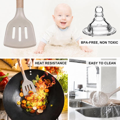 Silicone Cooking Kitchen Utensils Set, Wooden Handle, Coffee