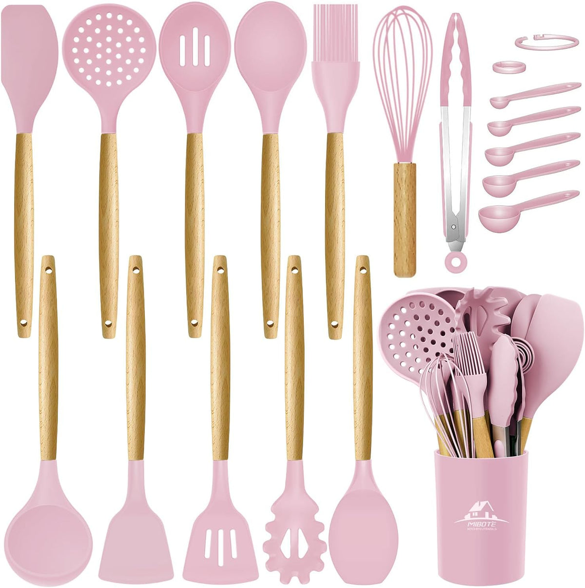 Silicone Cooking Kitchen Utensils Set, Wooden Handle, Coffee