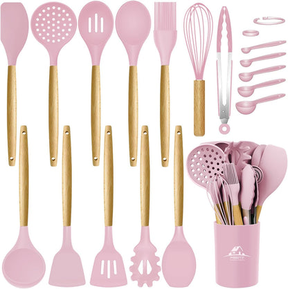 Silicone Cooking Kitchen Utensils Set, Wooden Handle, Coffee