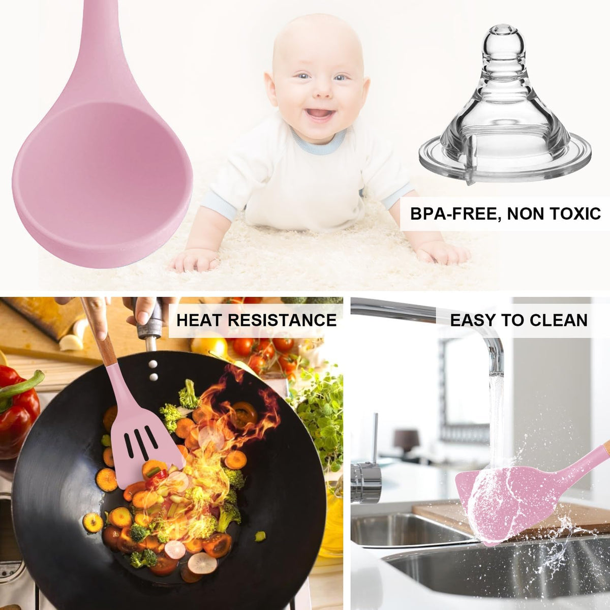 Silicone Cooking Kitchen Utensils Set, Wooden Handle, Coffee