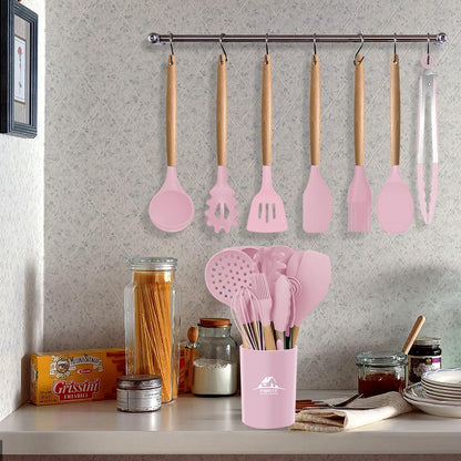 Silicone Cooking Kitchen Utensils Set, Wooden Handle, Coffee