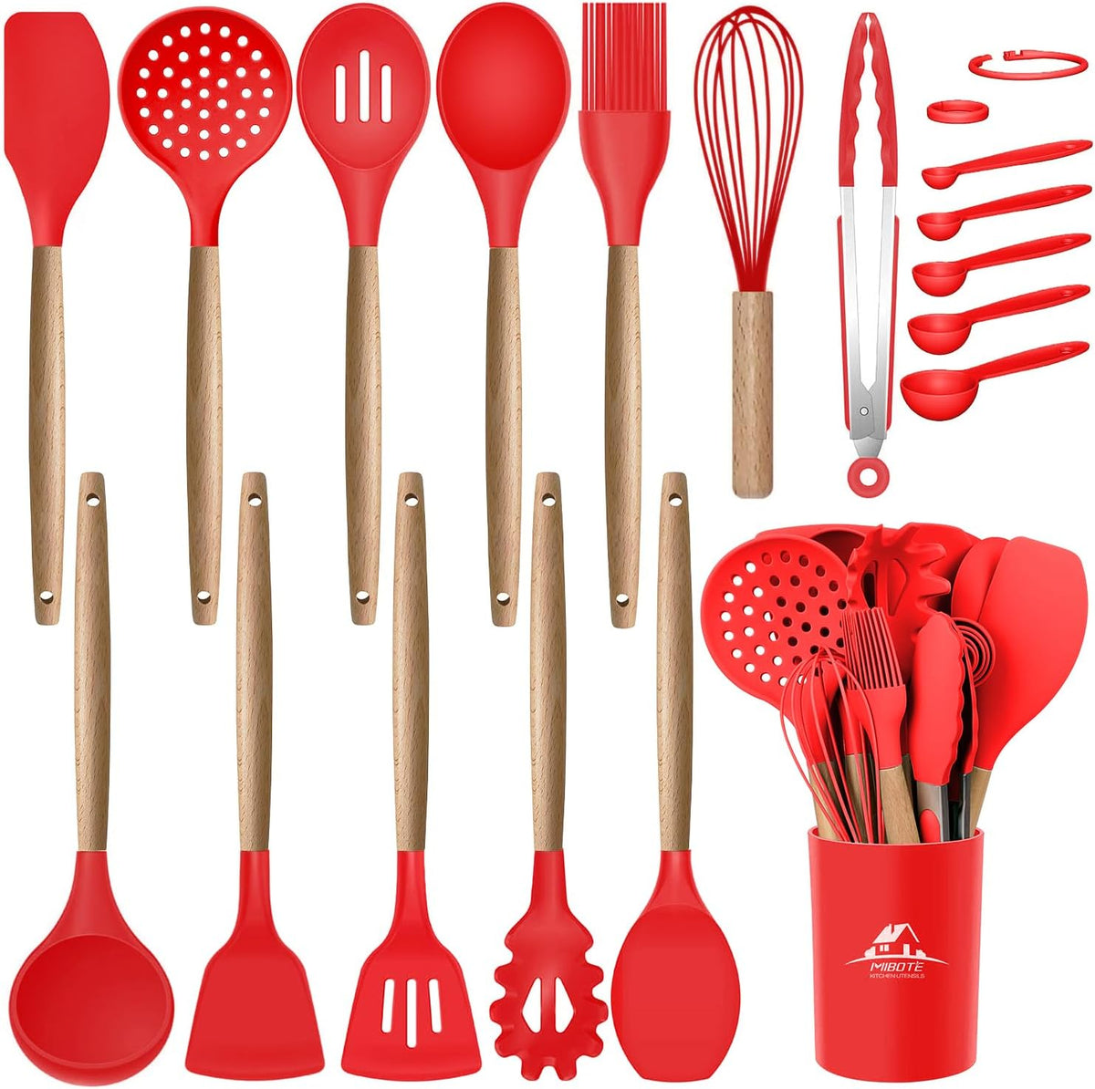 Silicone Cooking Kitchen Utensils Set, Wooden Handle, Coffee