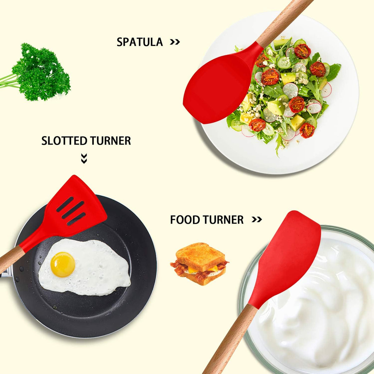 Silicone Cooking Kitchen Utensils Set, Wooden Handle, Coffee