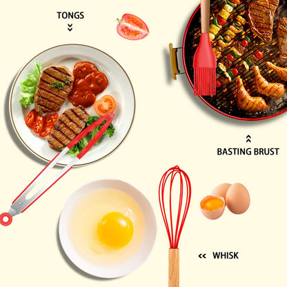 Silicone Cooking Kitchen Utensils Set, Wooden Handle, Coffee