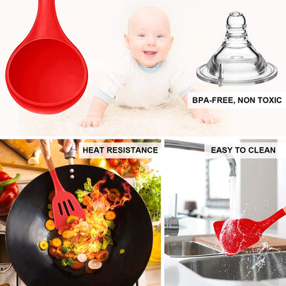 Silicone Cooking Kitchen Utensils Set, Wooden Handle, Coffee