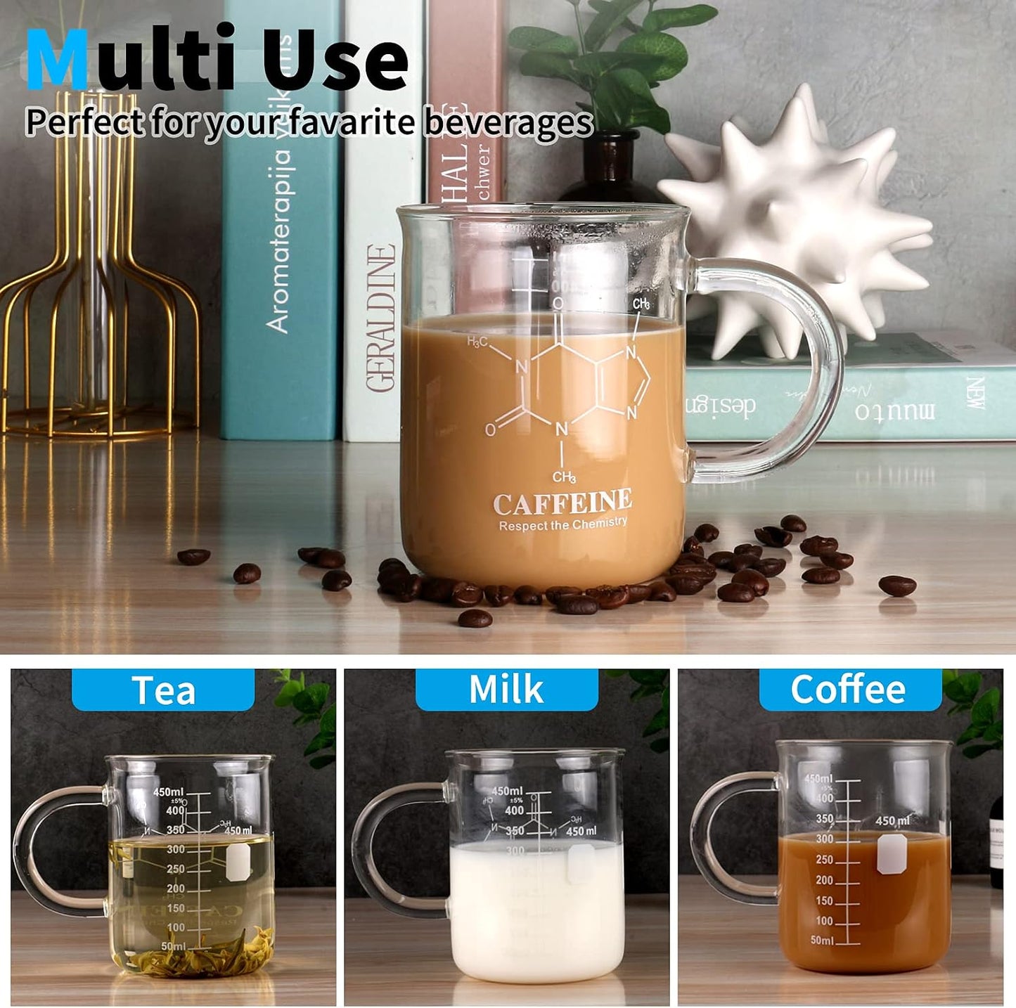 Caffeine Beaker Mug, Chemistry Coffee Mug 16 oz Borosilicate Glass, Measuring Graduated Beaker (450ml)