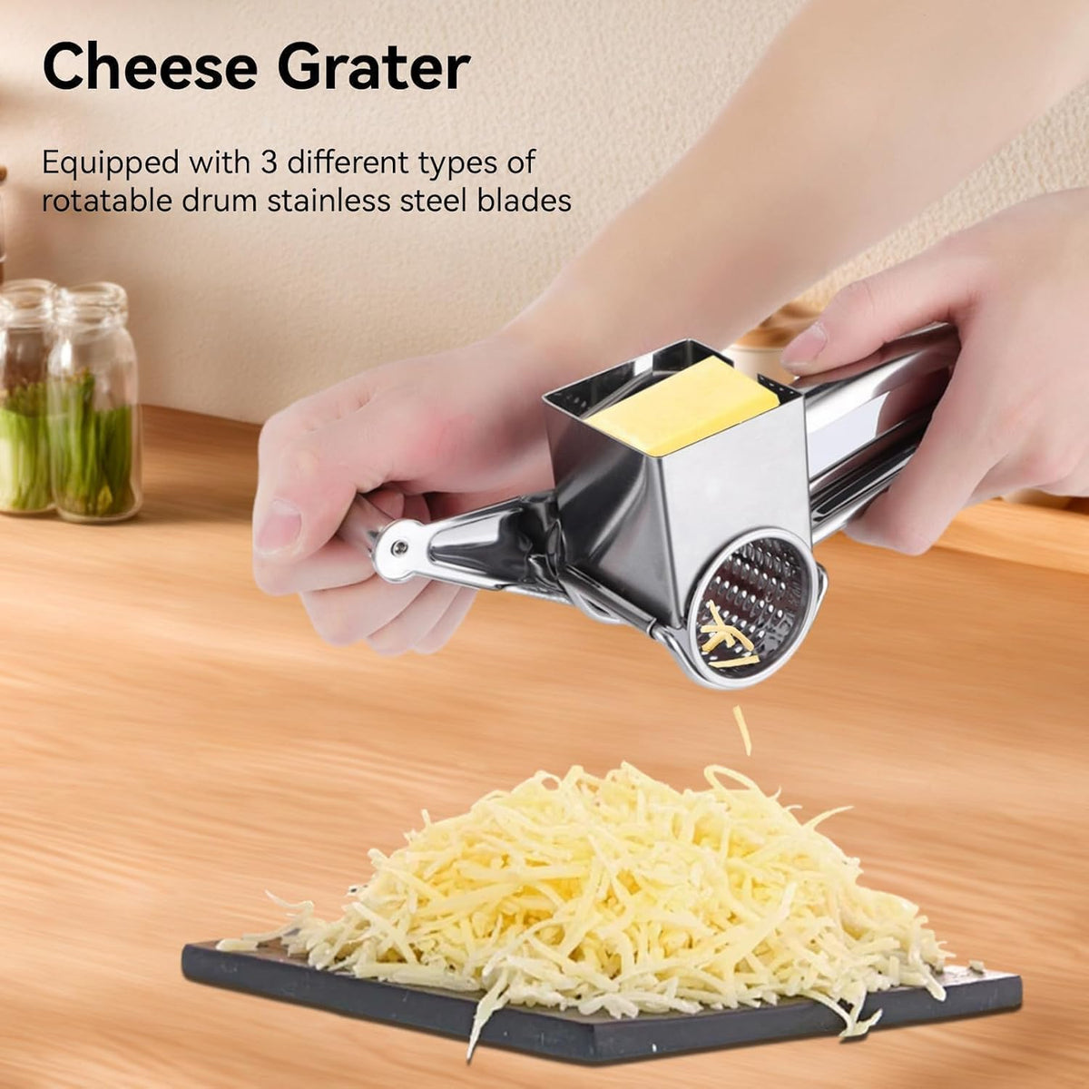 Rotary Cheese Grater, Hand Crank Cheese Grater Stainless Steel Cheese Cutter Slicer Cheese Shredder with 3 Drum Blades Cheese Shredder Handheld for Kitchen