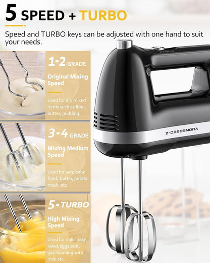 Electric Hand Mixer, Powerful Hand Mixer Electric Handheld with 304*(2*Beaters, 2*Dough Hooks),(1*Storage Bag) Hand Held Mixer with Turbo for Baking Cakes,Cream(Black)