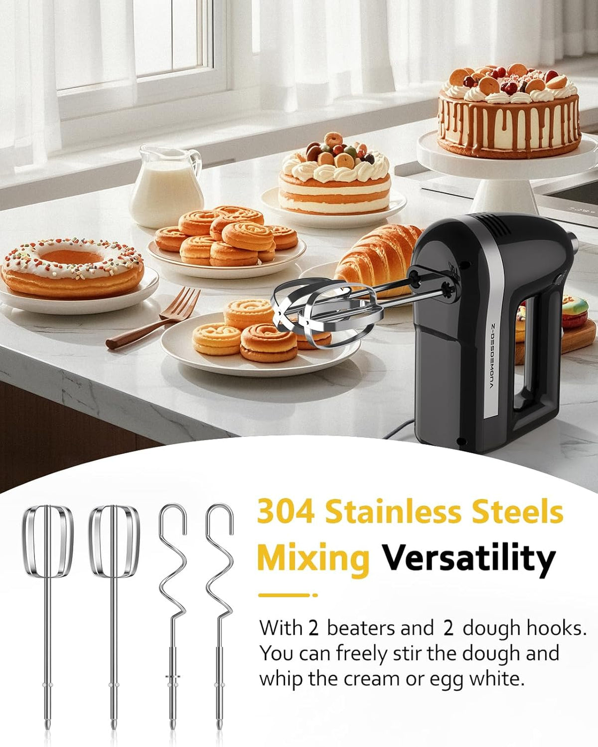 Electric Hand Mixer, Powerful Hand Mixer Electric Handheld with 304*(2*Beaters, 2*Dough Hooks),(1*Storage Bag) Hand Held Mixer with Turbo for Baking Cakes,Cream(Black)