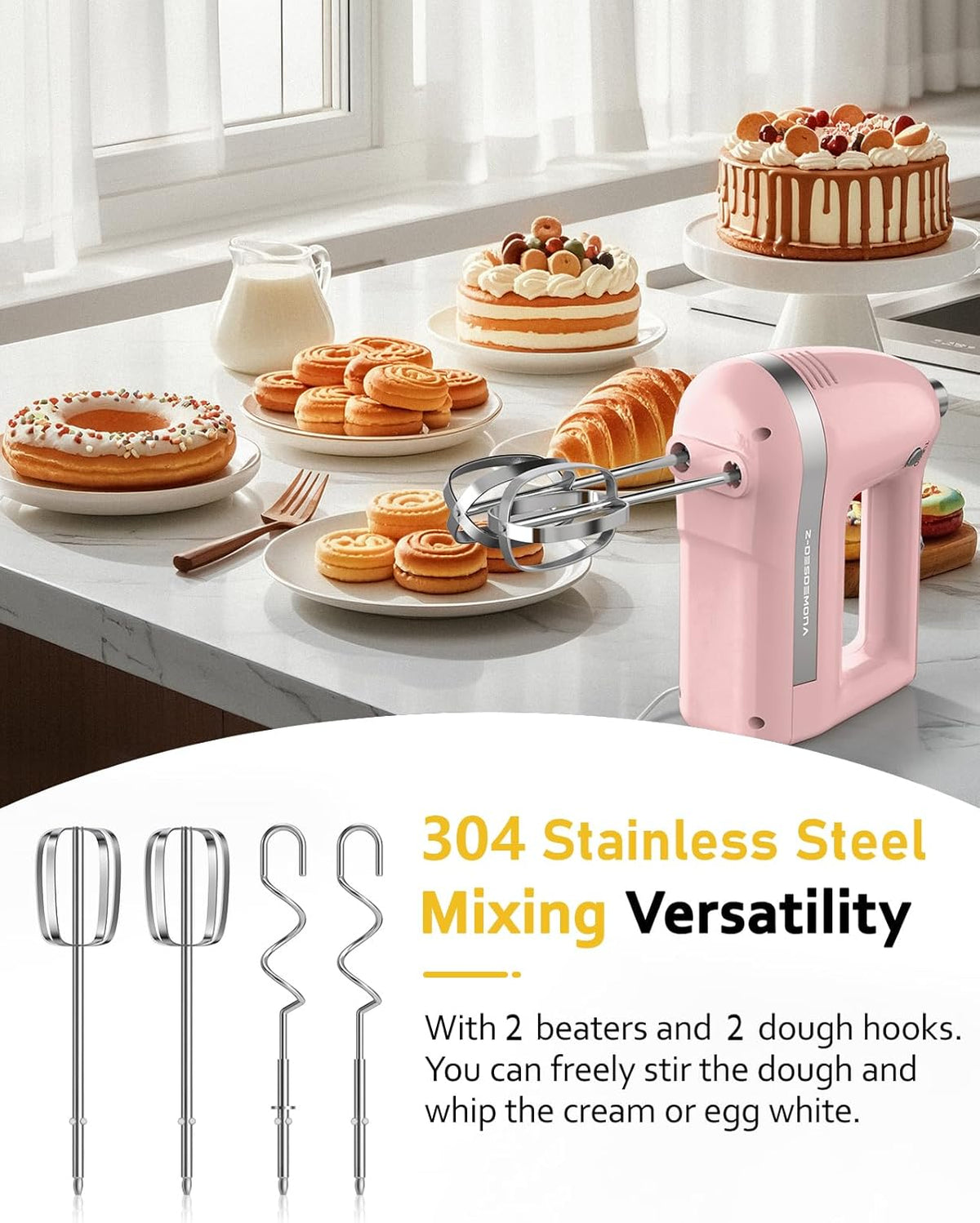 Electric Hand Mixer, Powerful Hand Mixer Electric Handheld with 304*(2*Beaters, 2*Dough Hooks),(1*Storage Bag) Hand Held Mixer with Turbo for Baking Cakes,Cream(Black)