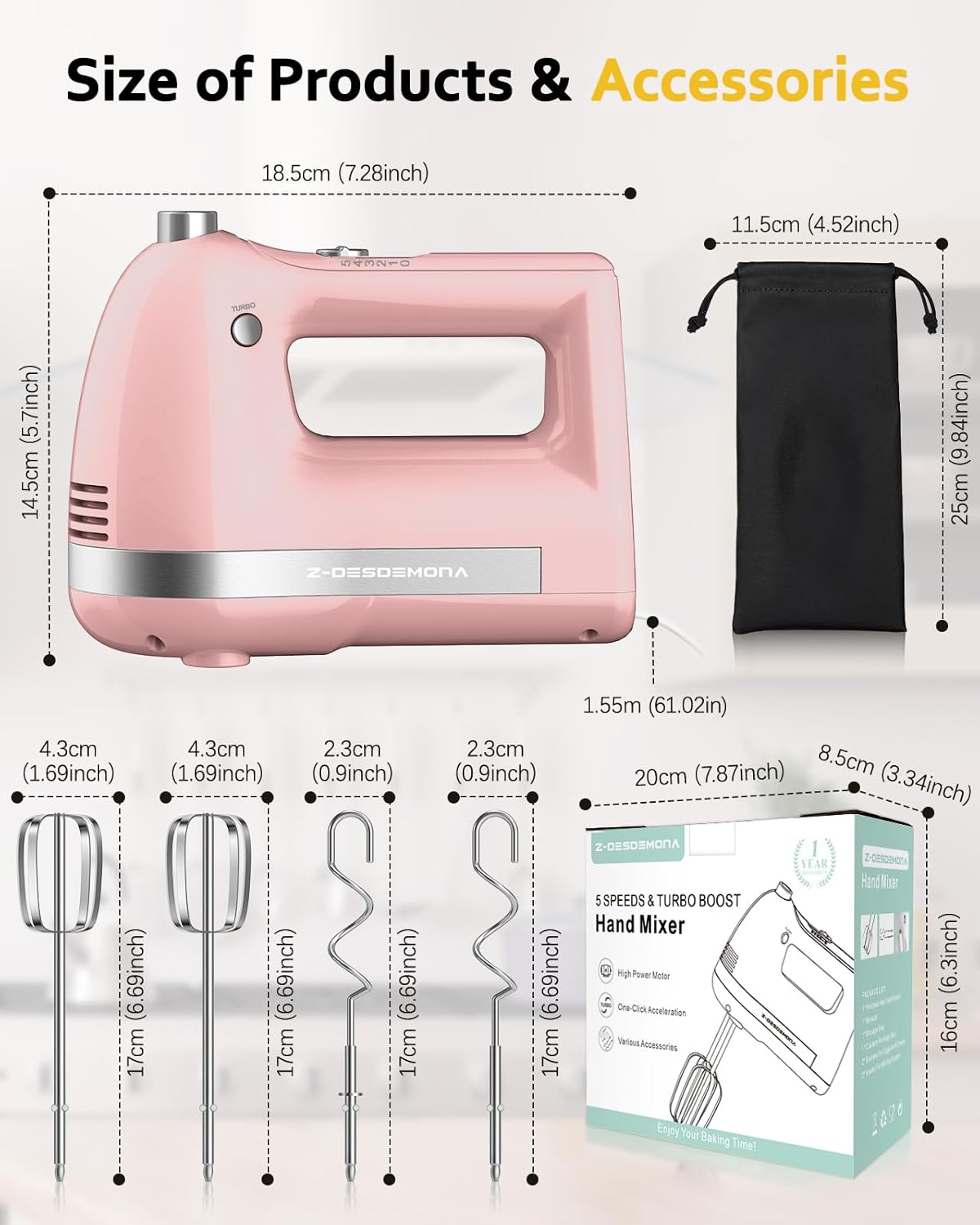 Electric Hand Mixer, Powerful Hand Mixer Electric Handheld with 304*(2*Beaters, 2*Dough Hooks),(1*Storage Bag) Hand Held Mixer with Turbo for Baking Cakes,Cream(Black)