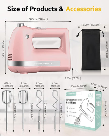 Electric Hand Mixer, Powerful Hand Mixer Electric Handheld with 304*(2*Beaters, 2*Dough Hooks),(1*Storage Bag) Hand Held Mixer with Turbo for Baking Cakes,Cream(Black)