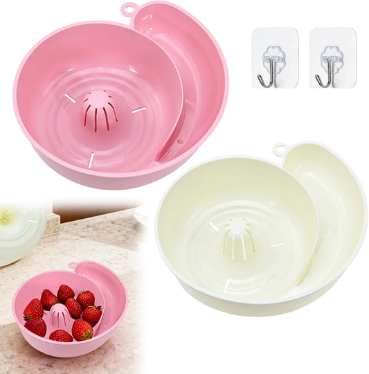 Snail Shape Drainer, 2-Pack Automatic Spin Fruit & Vegetable Washer, Just Add Water to Rotate for Cleaning Salad Berries, Food-Grade Colander Basket, Space Saving for Small Kitchen (Pink & White)
