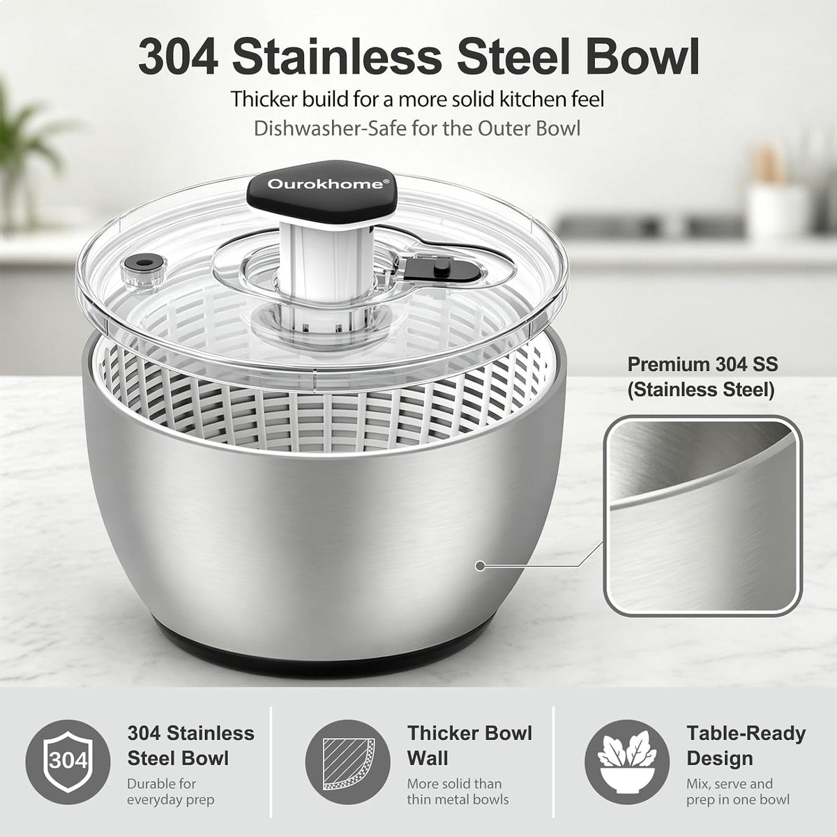 6.3 QT Stainless Steel Salad Spinner, Large Lettuce Spinner with One-Hand Press Pump, Brake Button, Non-Slip Base and Retractable Handle, Vegetable Washer & Dryer for Greens, Fruits and Herb