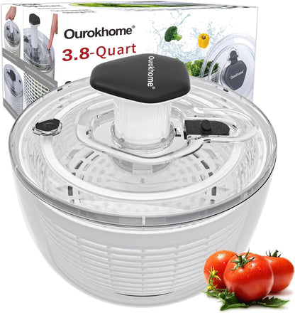 6.3 QT Stainless Steel Salad Spinner, Large Lettuce Spinner with One-Hand Press Pump, Brake Button, Non-Slip Base and Retractable Handle, Vegetable Washer & Dryer for Greens, Fruits and Herb