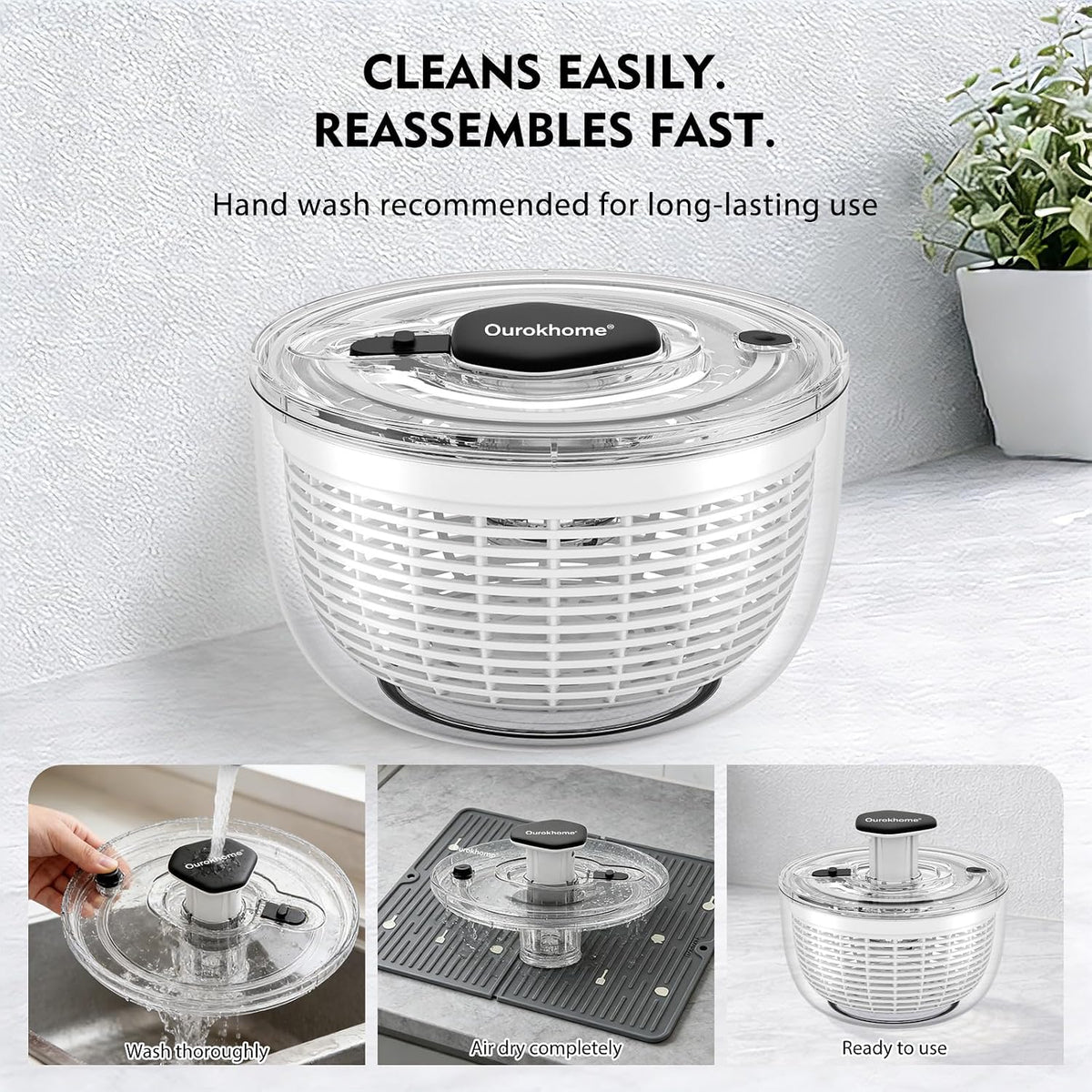6.3 QT Stainless Steel Salad Spinner, Large Lettuce Spinner with One-Hand Press Pump, Brake Button, Non-Slip Base and Retractable Handle, Vegetable Washer & Dryer for Greens, Fruits and Herb