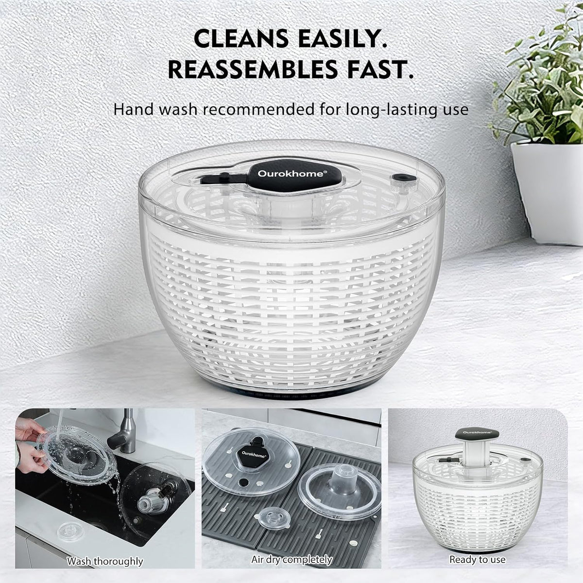 6.3 QT Stainless Steel Salad Spinner, Large Lettuce Spinner with One-Hand Press Pump, Brake Button, Non-Slip Base and Retractable Handle, Vegetable Washer & Dryer for Greens, Fruits and Herb