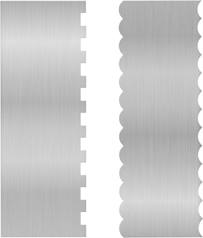 2 Pieces 8.7 Inche Stainless Steel Cake Scraper Double Sided Patterned Edge Stripe Edge Smoother Frosting Scraper Cake Decorating Cake Decorating Comb Cake Scraper For Butter Cream Mousse(2, 2)