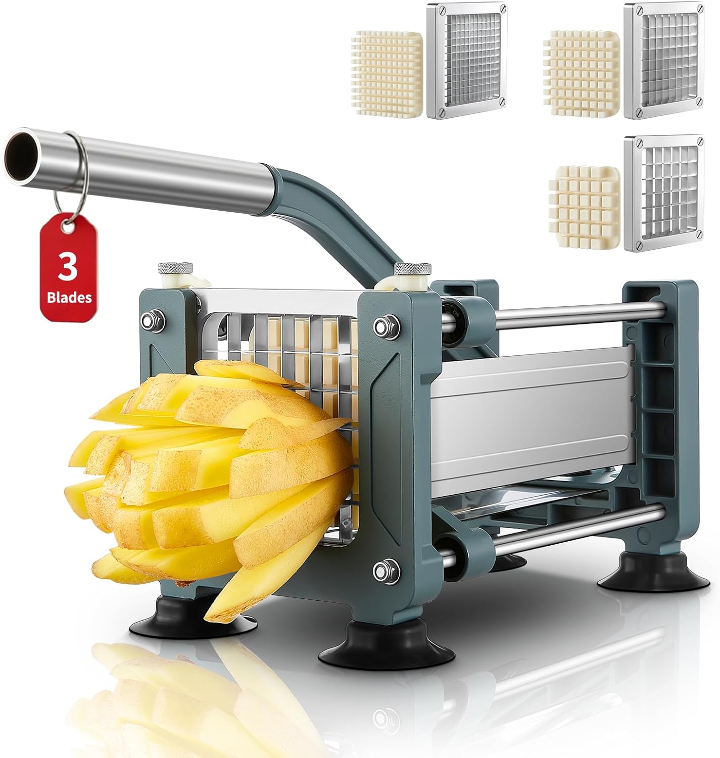 FOHRER French Fry Cutter, Professional Manual Potato Slicer for Potatoes with 3 Heavy Duty Stainless Steel Blades (1/2, 3/8, 1/4 Inch), Unique Blue Potato Cutter with Non-Slip Suction Feet