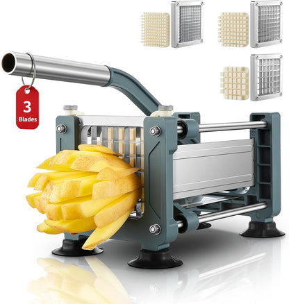 FOHRER French Fry Cutter, Professional Manual Potato Slicer for Potatoes with 3 Heavy Duty Stainless Steel Blades (1/2, 3/8, 1/4 Inch), Unique Blue Potato Cutter with Non-Slip Suction Feet