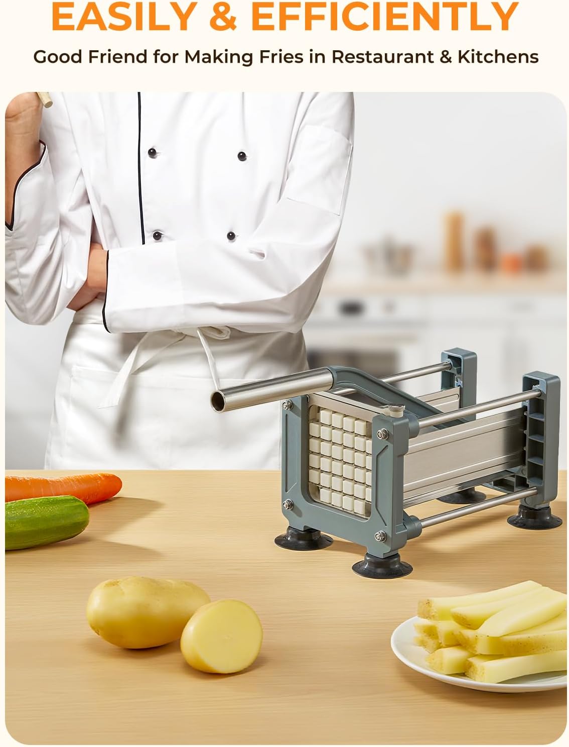 FOHRER French Fry Cutter, Professional Manual Potato Slicer for Potatoes with 3 Heavy Duty Stainless Steel Blades (1/2, 3/8, 1/4 Inch), Unique Blue Potato Cutter with Non-Slip Suction Feet
