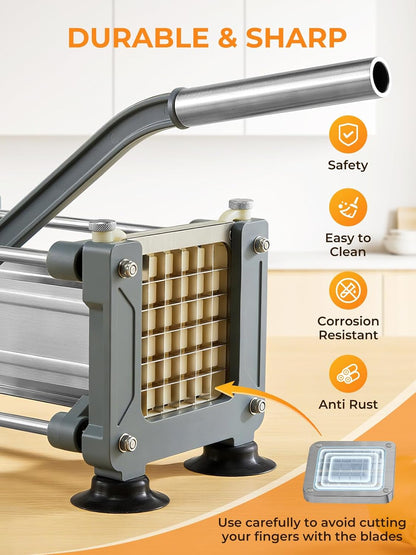 FOHRER French Fry Cutter, Professional Manual Potato Slicer for Potatoes with 3 Heavy Duty Stainless Steel Blades (1/2, 3/8, 1/4 Inch), Unique Blue Potato Cutter with Non-Slip Suction Feet