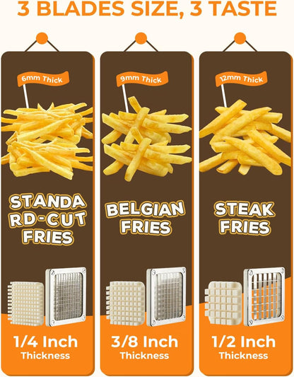 FOHRER French Fry Cutter, Professional Manual Potato Slicer for Potatoes with 3 Heavy Duty Stainless Steel Blades (1/2, 3/8, 1/4 Inch), Unique Blue Potato Cutter with Non-Slip Suction Feet