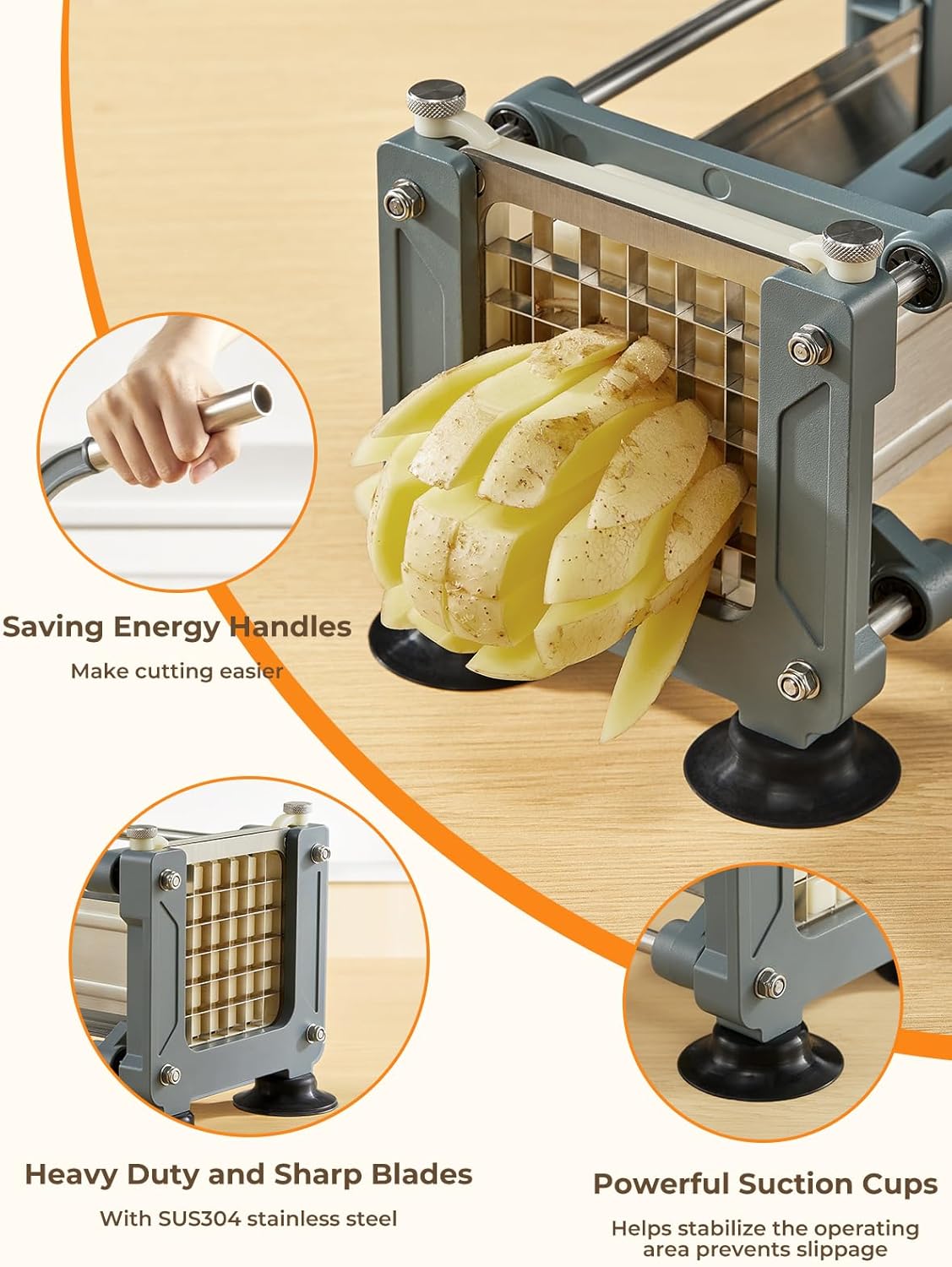 FOHRER French Fry Cutter, Professional Manual Potato Slicer for Potatoes with 3 Heavy Duty Stainless Steel Blades (1/2, 3/8, 1/4 Inch), Unique Blue Potato Cutter with Non-Slip Suction Feet