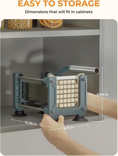 FOHRER French Fry Cutter, Professional Manual Potato Slicer for Potatoes with 3 Heavy Duty Stainless Steel Blades (1/2, 3/8, 1/4 Inch), Unique Blue Potato Cutter with Non-Slip Suction Feet