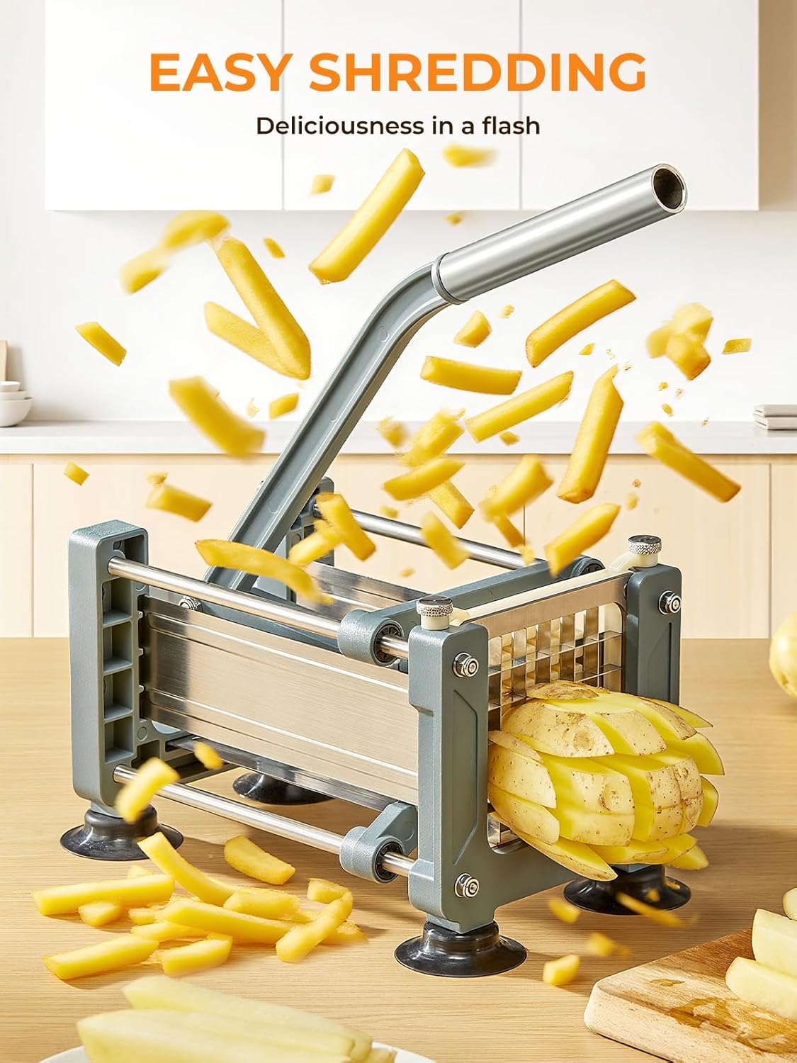 FOHRER French Fry Cutter, Professional Manual Potato Slicer for Potatoes with 3 Heavy Duty Stainless Steel Blades (1/2, 3/8, 1/4 Inch), Unique Blue Potato Cutter with Non-Slip Suction Feet