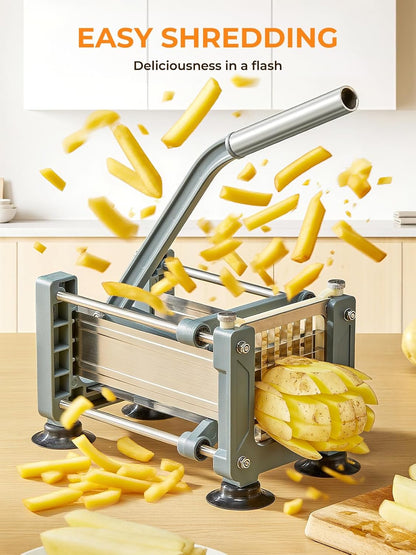 FOHRER French Fry Cutter, Professional Manual Potato Slicer for Potatoes with 3 Heavy Duty Stainless Steel Blades (1/2, 3/8, 1/4 Inch), Unique Blue Potato Cutter with Non-Slip Suction Feet