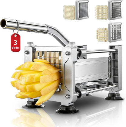 FOHRER French Fry Cutter, Professional Manual Potato Slicer for Potatoes with 3 Heavy Duty Stainless Steel Blades (1/2, 3/8, 1/4 Inch), Unique Blue Potato Cutter with Non-Slip Suction Feet