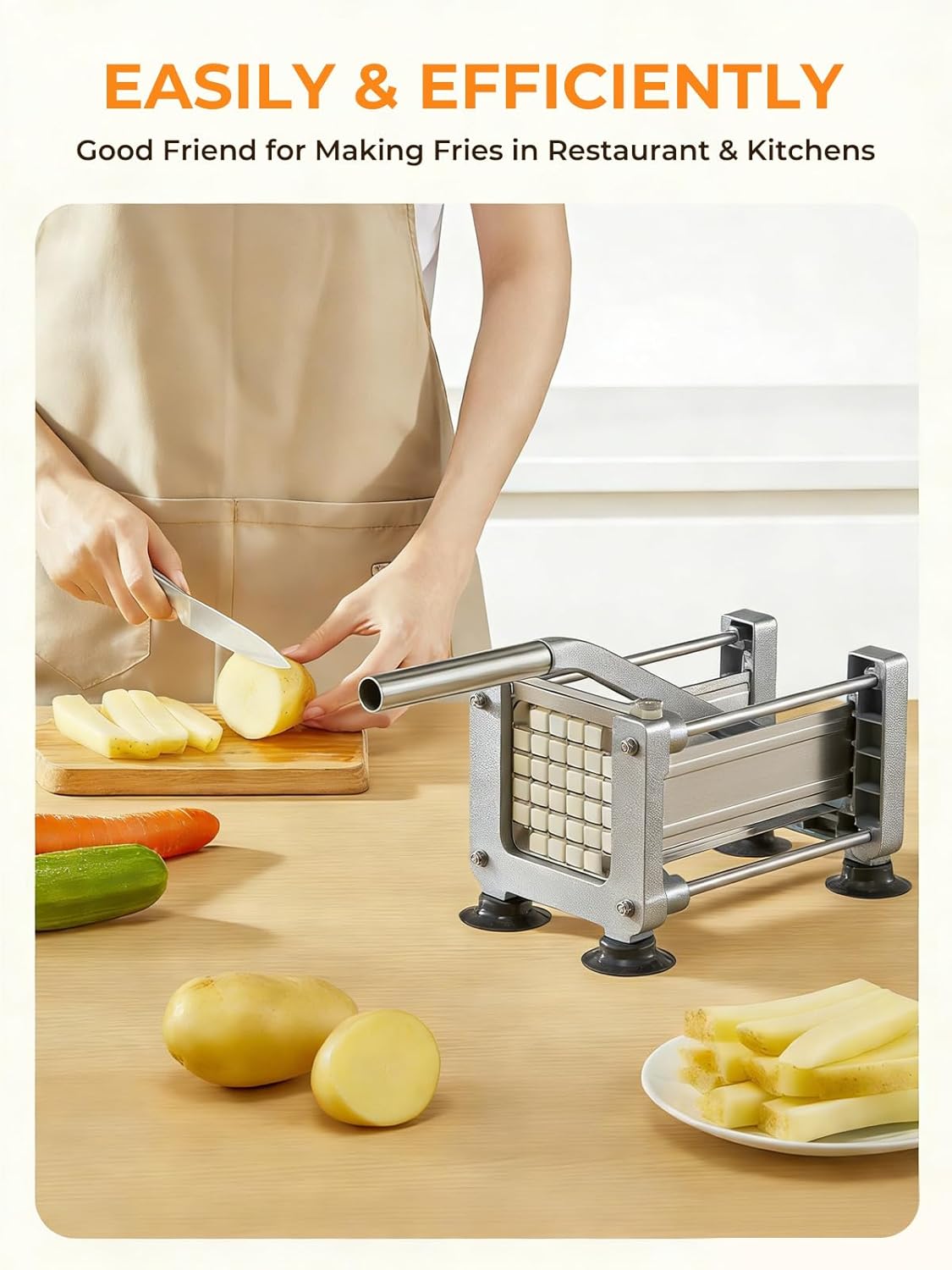FOHRER French Fry Cutter, Professional Manual Potato Slicer for Potatoes with 3 Heavy Duty Stainless Steel Blades (1/2, 3/8, 1/4 Inch), Unique Blue Potato Cutter with Non-Slip Suction Feet