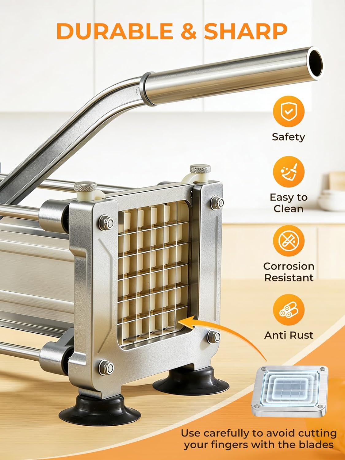 FOHRER French Fry Cutter, Professional Manual Potato Slicer for Potatoes with 3 Heavy Duty Stainless Steel Blades (1/2, 3/8, 1/4 Inch), Unique Blue Potato Cutter with Non-Slip Suction Feet