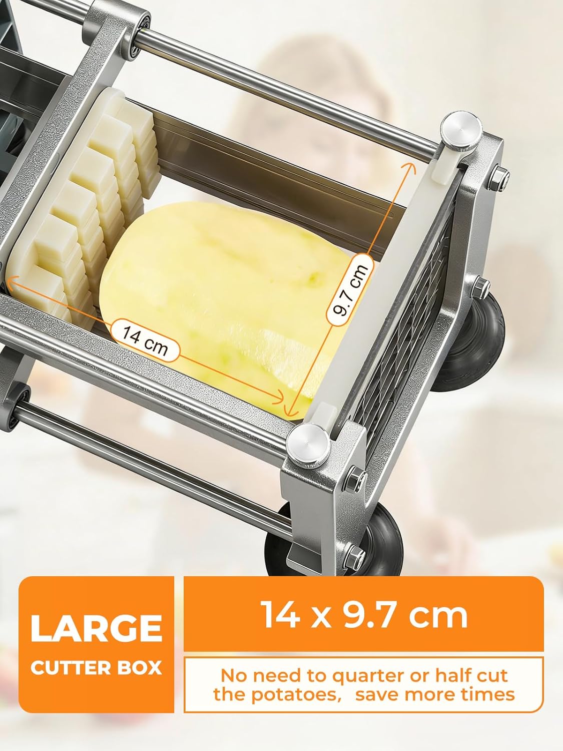 FOHRER French Fry Cutter, Professional Manual Potato Slicer for Potatoes with 3 Heavy Duty Stainless Steel Blades (1/2, 3/8, 1/4 Inch), Unique Blue Potato Cutter with Non-Slip Suction Feet