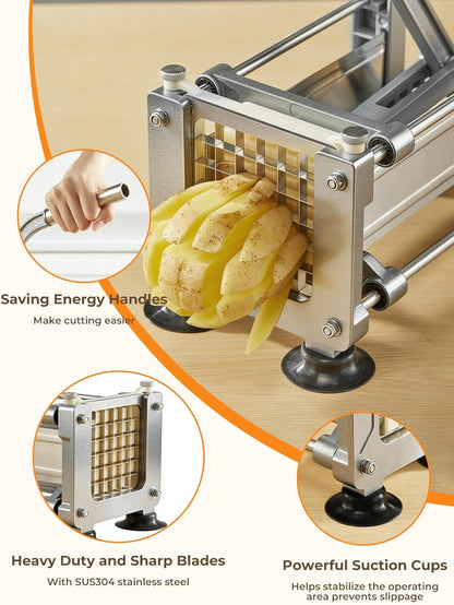 FOHRER French Fry Cutter, Professional Manual Potato Slicer for Potatoes with 3 Heavy Duty Stainless Steel Blades (1/2, 3/8, 1/4 Inch), Unique Blue Potato Cutter with Non-Slip Suction Feet