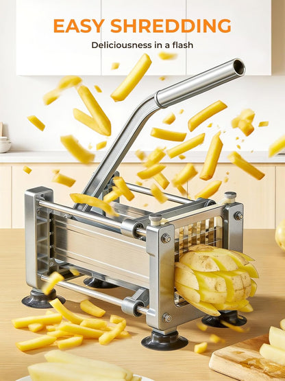 FOHRER French Fry Cutter, Professional Manual Potato Slicer for Potatoes with 3 Heavy Duty Stainless Steel Blades (1/2, 3/8, 1/4 Inch), Unique Blue Potato Cutter with Non-Slip Suction Feet