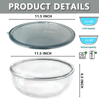 Large Glass Mixing Bowl with Lid,6.3 Quart Thickened Bowl Edges