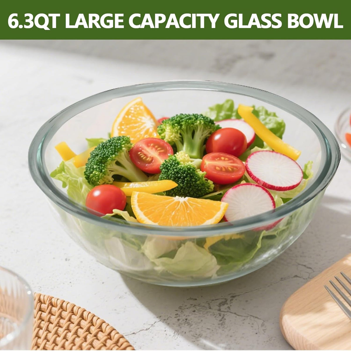 Large Glass Mixing Bowl with Lid,6.3 Quart Thickened Bowl Edges