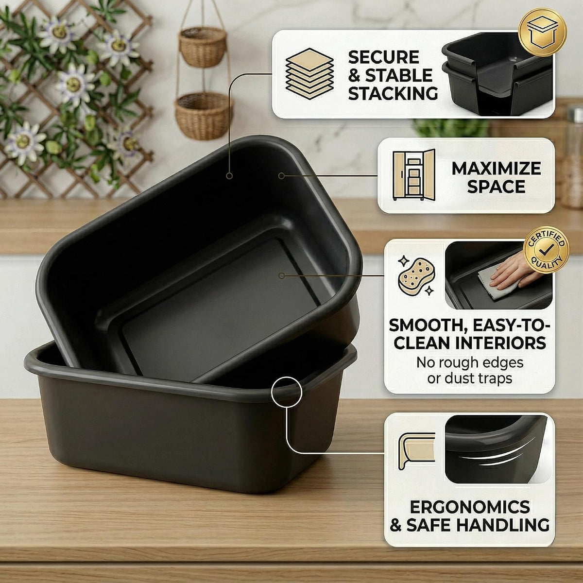 2 Plastic Wash Basins, Large 10 Quart Graduated Bucket, Portable Washbasin for Washing, Cleaning, Foot Bath, Dishes, Face Cleansing Bowl, Gray (2 Pack)