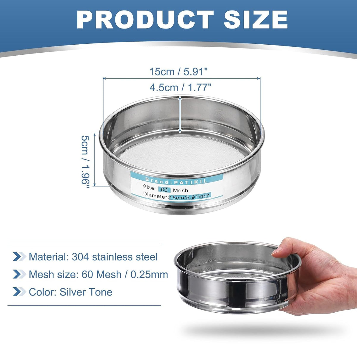 220 Mesh(0.0385mm) Lab Sieve, 5.9"(15cm) Diameter Sifting Screen 304 Stainless Steel Wire Cloth Fine Mesh Sieve for Industrial Laboratory Home Soil Sifter Dry Sift Screens Hash - Colors A