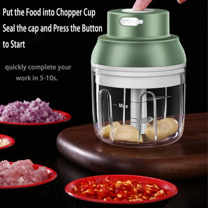 Electric Mini Food Chopper,250ML Portable Garlic Chopper with USB Charging Function, Mini Food Slicer for Onion Vegetables Chili Ginger Meat Nuts Fruits Salad (Green)