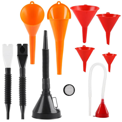 10 Pcs Automotive Funnels Set Wide Mouth Fuel Plastic Long Neck | Flexible Right Angle, Detachable Spout Filter, Water Gasoline Coolant Engine Oil