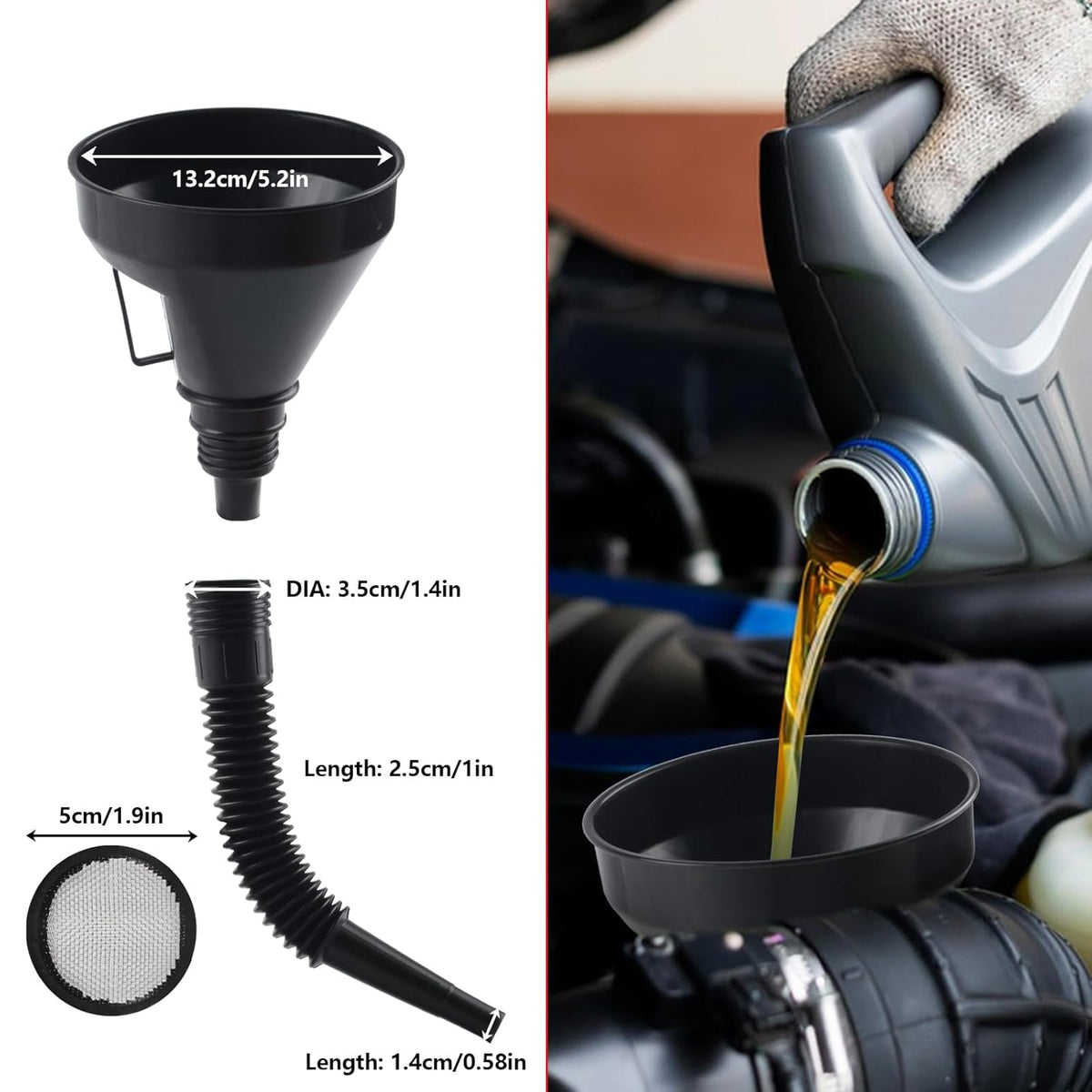 10 Pcs Automotive Funnels Set Wide Mouth Fuel Plastic Long Neck | Flexible Right Angle, Detachable Spout Filter, Water Gasoline Coolant Engine Oil