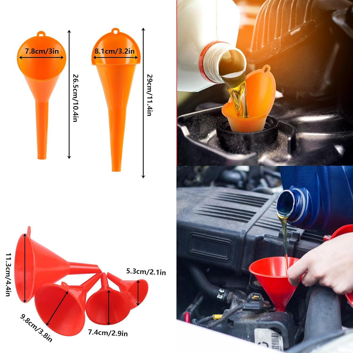 10 Pcs Automotive Funnels Set Wide Mouth Fuel Plastic Long Neck | Flexible Right Angle, Detachable Spout Filter, Water Gasoline Coolant Engine Oil