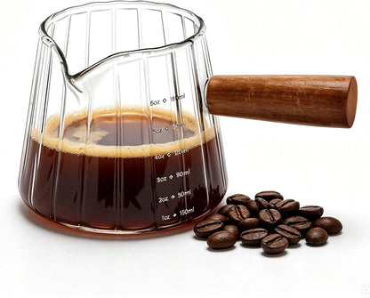 Wooden Handle Coffee Cup with Scale, Espresso Accessories Double Scale Glass Measuring Cup Milk Frother Glass Cup V-Shaped Espresso Cup